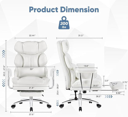 DUMOS Home Office Desk Executive Chair, Big Tall High Back, Snow White | Ergonomic Chair with Footrest & Lumbar Support, Height Adjustable, Comfy PU Leather Computer Gaming with Swivel Wheels