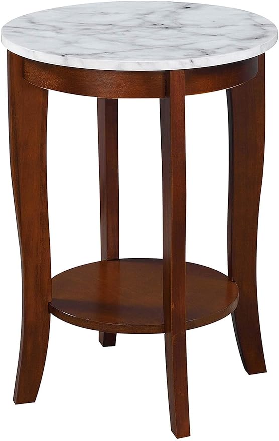 Convenience Concepts American Heritage Round End Table, White Faux Marble / Espresso