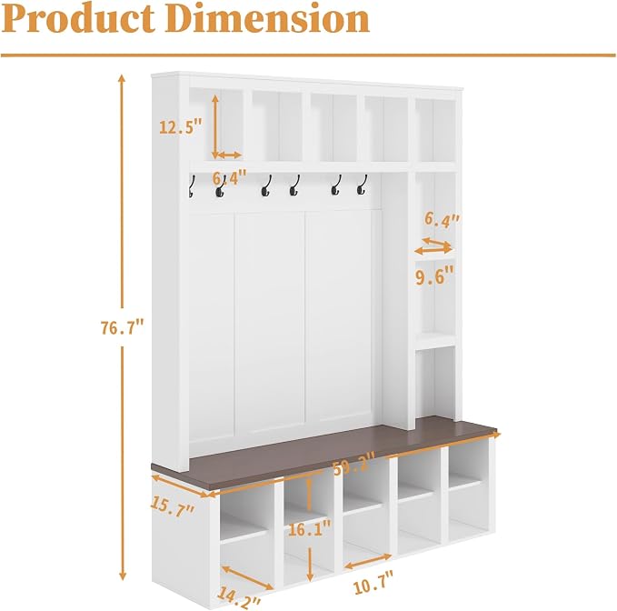 Hall Tree with Bench and Shoe Storage,Shoe and Coat Rack with Drawer and Hooks,Farmhouse Furniture for Entryway,Mudroom,Living Room,Black (White, 59.2")