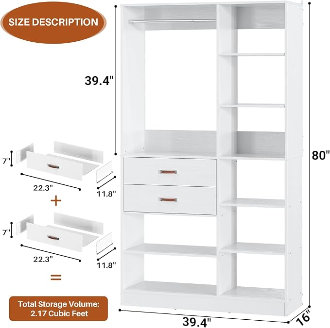 Armocity Freestanding Closet System, 40 Inches Stand-Alone Wardrobe with 10 Shelves, 80'' Height Adjustable Cloth Garment Rack with 2 Wood Drawers, Wood Walk-in Closet with Hanging Rod, White