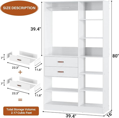 Armocity Freestanding Closet System, 40 Inches Stand-Alone Wardrobe with 10 Shelves, 80'' Height Adjustable Cloth Garment Rack with 2 Wood Drawers, Wood Walk-in Closet with Hanging Rod, White