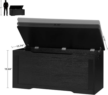 usikey 39.4” Storage Chest, Toy Chest, Toy Box with Safety Hinges, Lift Top Storage Bench, Supports 220 lb, for Living Room, Bedroom, Entryway, Black
