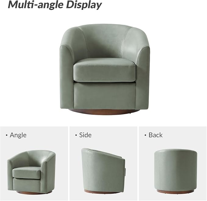 HULALA HOME Genuine Leather Swivel Barrel Chair, Round Swivel Accent Chair with Solid Wood Base, No Assembly Required, Sage