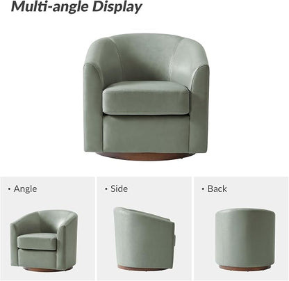 HULALA HOME Genuine Leather Swivel Barrel Chair, Round Swivel Accent Chair with Solid Wood Base, No Assembly Required, Sage