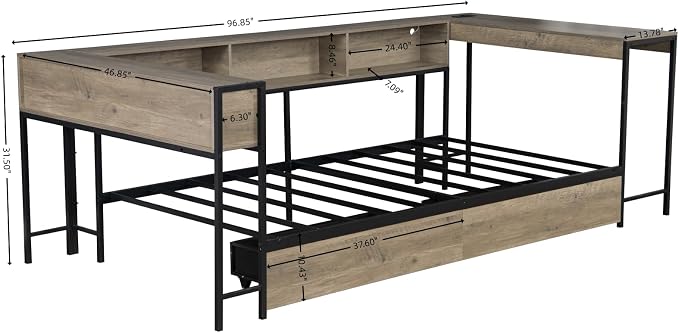 Bellemave Twin Corner Bed Frame with Desk and Storage, Twin Size Captains Bed with Charging Station and LED Light, Wood Daybeds with L-Shaped Bookcase and 2 Drawers, Grey