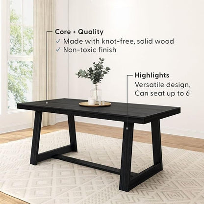 Plank+Beam 72 Inch Farmhouse Dining Table, Solid Wood Rustic Kitchen Table, Large Wooden Rectangular Dinner Table for Dining Room, Home Office, Living Room Furniture, Easy Assembly, Black Wirebrush
