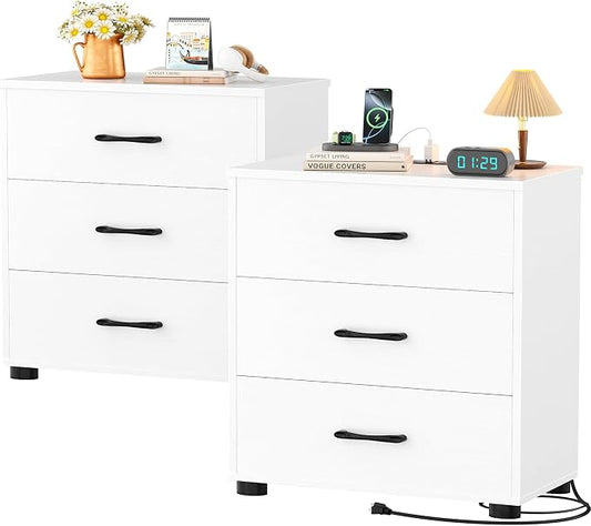 Aheaplus Night Stand Set of 2 with Charger Station, 21.7'' Wider Nightstands with 3 Wooden Drawers, Large Tall Bedside Table, Modern End Side Table Set, Nightstand for Bedroom, White