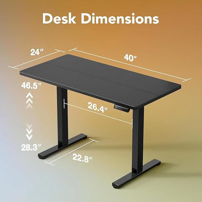 HUANUO Electric Standing Desk, 40 x 24 Inch Height Adjustable Computer Desk with Storage Bag, 4 Height Memory Settings, Sit Stand Up Desk for Home Office, Black