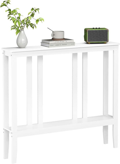 ELYKEN Bamboo 2-Tier Narrow Console Table, 36.2" Long Slim Sofa Table Behind Couch for Entryway, Hallway, Living Room, White