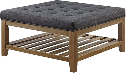 24KF Large Square Upholstered Tufted Linen Ottoman Coffee Table, Large Footrest Ottoman with Solid Wood Shelf- Charcoal