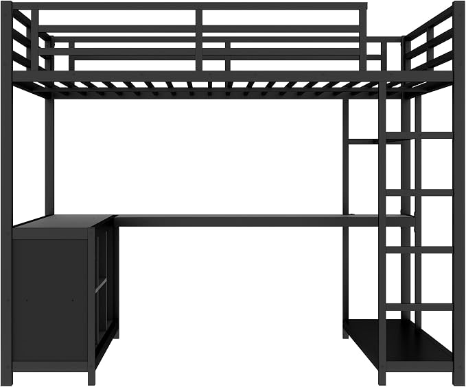 Bellemave Full Size loft Bed with L Desk, Wardrobe, Metal Full Loft Bed Frame for Adults, Kids, Teens, Black