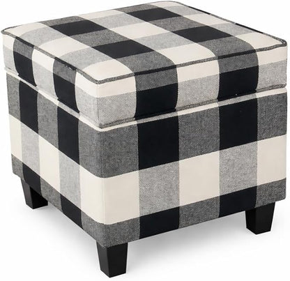 HomePop Home Decor | K7342-F2262| Classic Square Storage Ottoman with Lift Off Lid | Ottoman with Storage for Living Room & Bedroom, Black Plaid Large