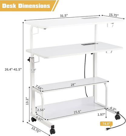 Karl home 31.5" Portable Rolling Desk on Wheels,Height Adjustable Standing Desk with 2 AC Outlets/3 USB Ports,Mobile Laptop Table with Hooks and Storage Shelves for Home Office,White