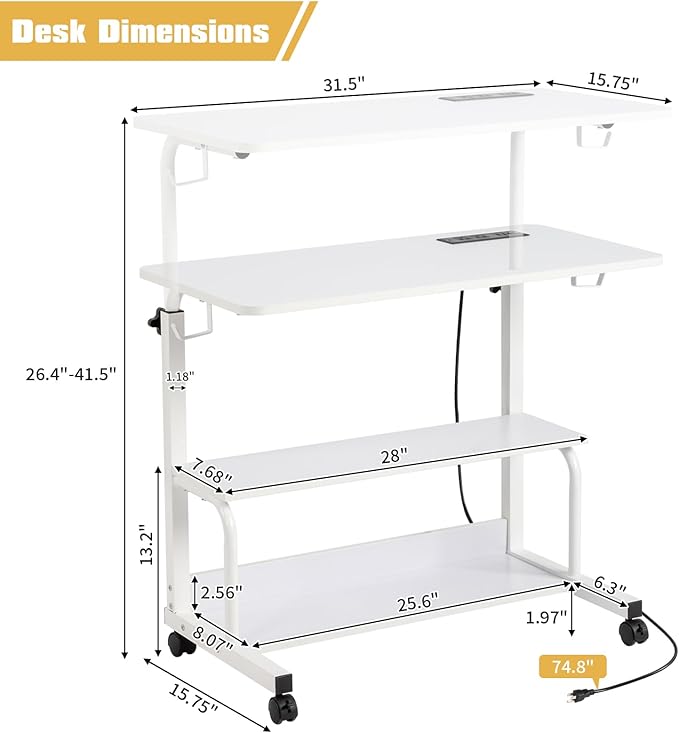 Mobile Laptop Desk with Power Outlets, Height Adjustable TV Tray Table with Storage Shelf, Rolling Computer Table with USB Ports (White)