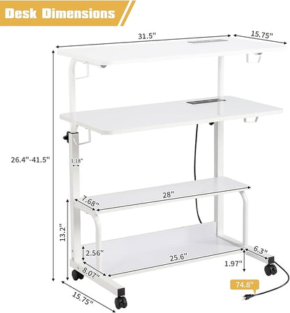 Mobile Laptop Desk with Power Outlets, Height Adjustable TV Tray Table with Storage Shelf, Rolling Computer Table with USB Ports (White)