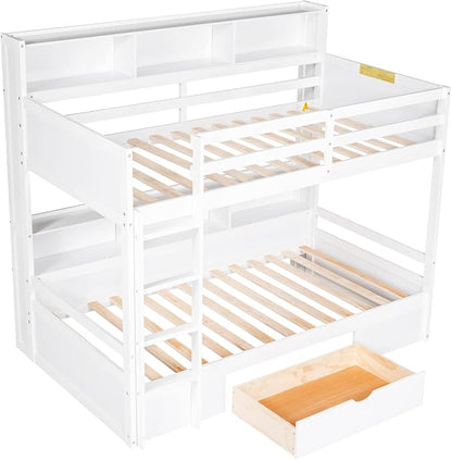 RUNNA Twin Bunk Bed with Storage Drawer, Shelves,Ladder, White | Twin bunk bed with storage drawer, shelves, ladder, guardrails, solid wood, no box spring needed, white, kids teens