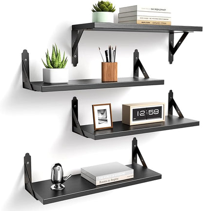 ROMGUAR CRAFT Wood Floating Shelves Set of 4, Rustic Storage Decor Wall Shelves, Wall Mounted Shelf for Living Room, Bedroom 17" x 6", Black
