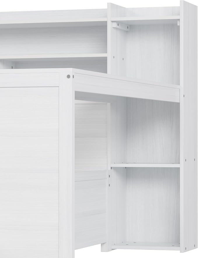 Merax Full Size Wood Daybed, Corner Bed Frame with Storage Shelves, 2 Drawers & Study Desk & Built-in Workspace, Multi-Functional Wooden Bed Space-Saving for Bedroom, Dorm, Guest Room, Antique White