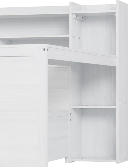 Merax Full Size Wood Daybed, Corner Bed Frame with Storage Shelves, 2 Drawers & Study Desk & Built-in Workspace, Multi-Functional Wooden Bed Space-Saving for Bedroom, Dorm, Guest Room, Antique White