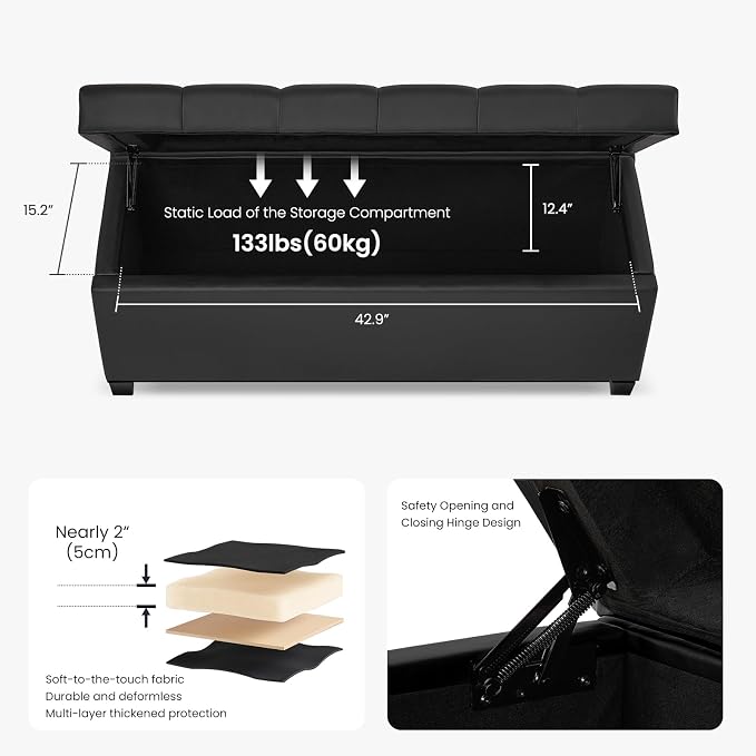 47.2" Ottoman with Storage, Storage Ottoman Bench with Safety Hinge,Tufted End of Bed Bench, Upholstered Entryway Bench for Bedroom, Living Room & Window (Black-Upgraded Version)