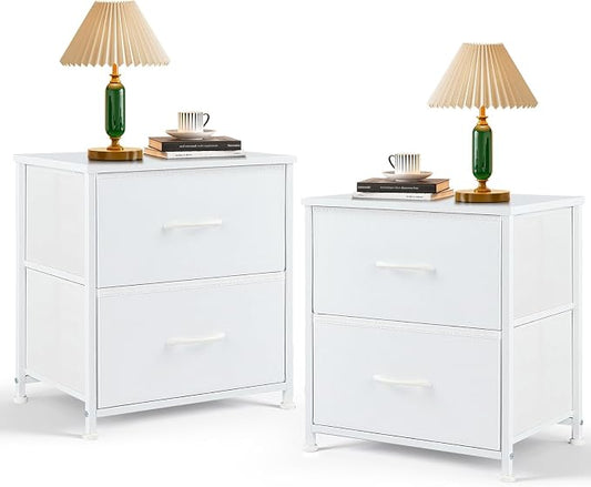 Nightstand Set of 2, Small 2 Drawer Dresser End Table Bedside Furniture, Wooden Top Fabric Bins for Bedroom, Closet, Entryway, Dorm, 11.8" D x 18" W x 20", White