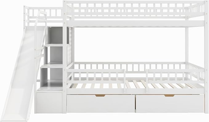 Full Over Full Bunk Bed with Slide and Staircase