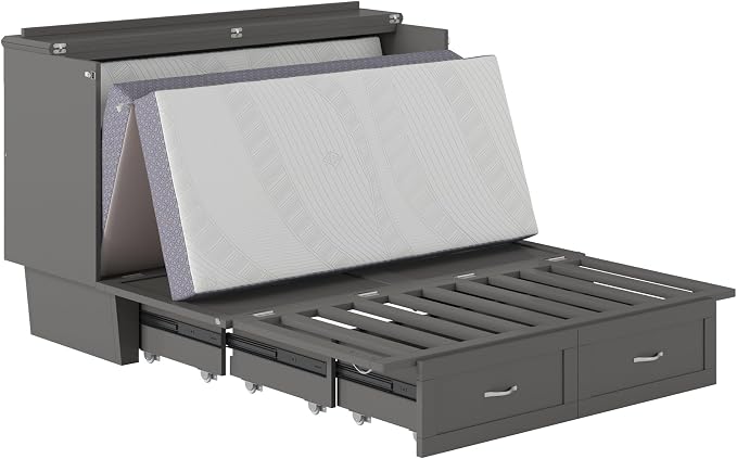 AFI, Monroe Queen Murphy Bed Chest with 6" Mattress, Storage Drawer & Built-in USB Charger, Grey