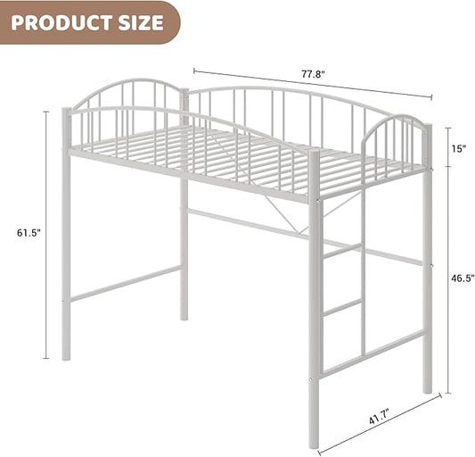 GarveeHome Loft Bed Twin Size, Heavy Duty Metal Loft Bed Frame with Arched Guardrail and Safety Ladder, Space-Saving, No Box Spring Needed, Modern White