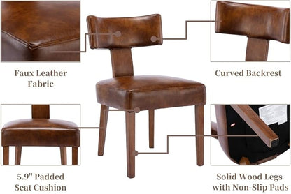 RIVOVA Set of 4 Mid Century Modern Dining Chairs, Farmhouse PU Leather Upholstered Dining Room Chairs Kitchen Chairs Side Armless Chairs with Curved Backrest Wood Legs, Brown