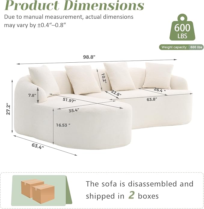 99" Curved Sofa with L-Shape Chaise,Modern Cloud Curved Couch with Deep Seat,No Assembly Required,Upholstered Oversized Couches for Living Room,Apartment (White, 99Inch)