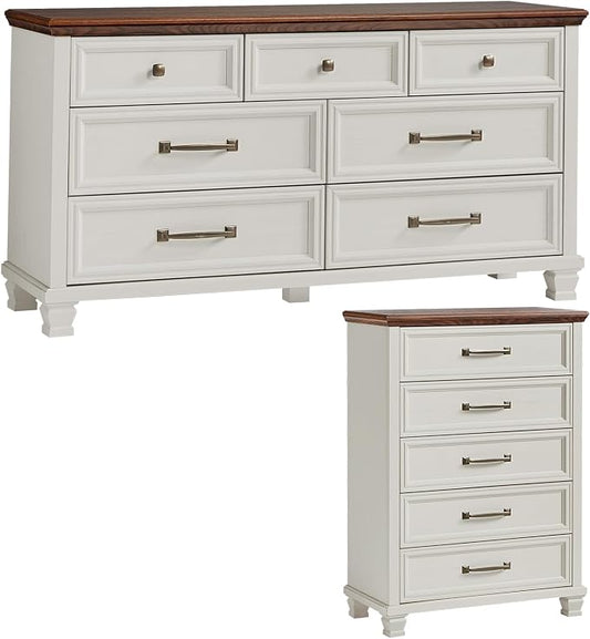 SAVOR LIFE Farmhouse Dresser Set, 5/7 Drawer Dresser Chest, Rustic Wood Bedroom Furniture Set for Home, Bedroom, Hallway, White