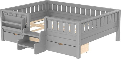 Bellemave Full Size Kids Bed with high Rails and with Built-in Bookshelf and Drawers for Kids, Girls, Boys, Wood Montessori Bed Without Door, Gray