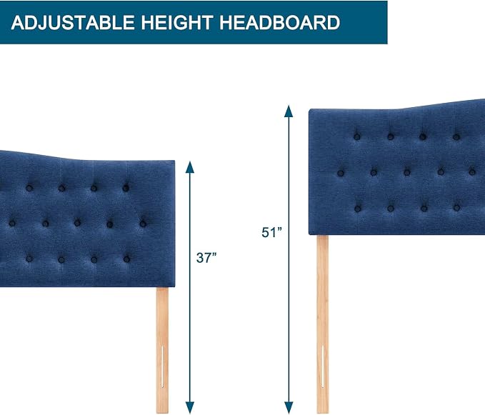 Tufted Headboard Queen Size, Solid Wood Adjustable Height Head Board, Blue | Upholstered Queen Headboard Only with Durable Solid Wood Legs, Adjustable Height 37-51 in, Fabric Button Diamond HeadBoards