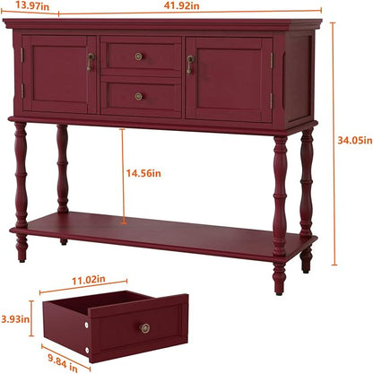 ARTPOWER Console Table with 2 Drawers, Retro Entryway Table with 2 Door Cabinets and Open Storage Shelf, Narrow Long Behind Couch Sofa Table for Living Room, Foyer, Hallway, Red