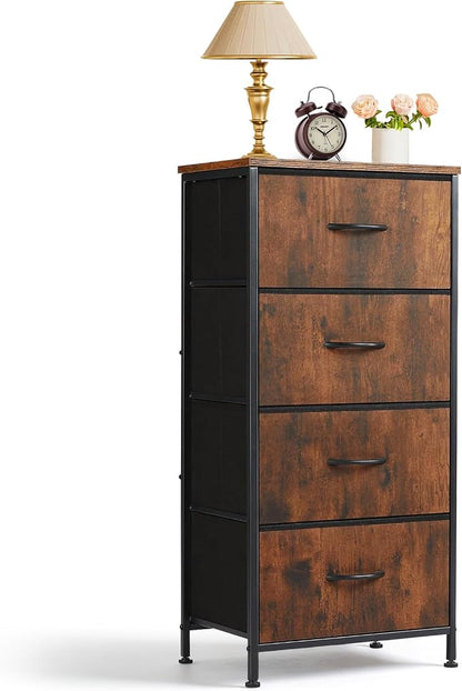 4 Drawers Dresser for Bedroom, Fabric Storage Tower Organizer with Wooden Top and Steel Frame, Tall Chest of Drawers for Closet, Entryway, Dorm, Brown