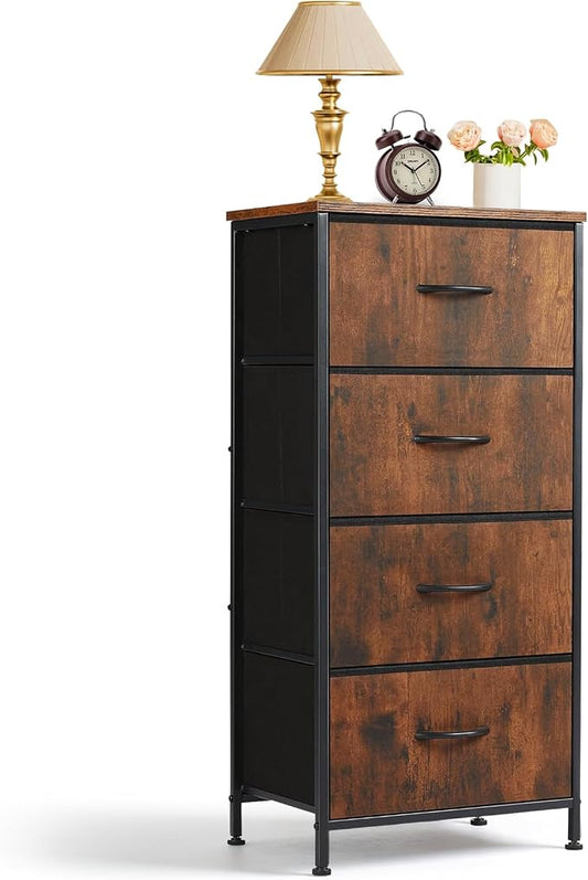 4 Drawers Dresser for Bedroom, Fabric Storage Tower Organizer with Wooden Top and Steel Frame, Tall Chest of Drawers for Closet, Entryway, Dorm, Brown
