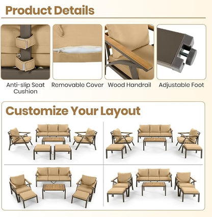 6-Piece Outdoor Patio Furniture Set, Steel Frame Sofa Set with 3-Seat Couch, 2 Armchairs, 2 Ottomans Coffee Table, Cushioned Seating for Backyard, Garden, Poolside, Brown Cushion
