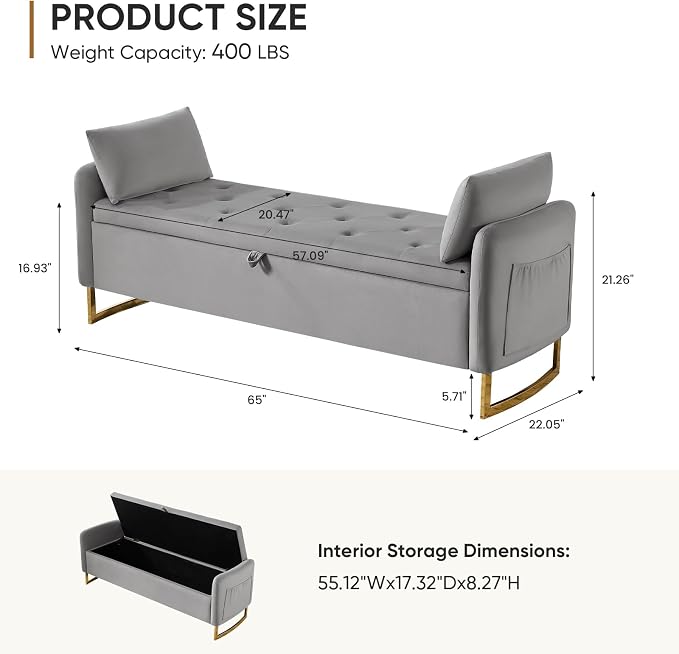 65" End of Bed Storage Bench, Storage Bench for Bedroom with Tufted Button Upholstered and Gold Legs, Ottoman Bedroom Benches with Armrests for Living Room Window, Light Grey