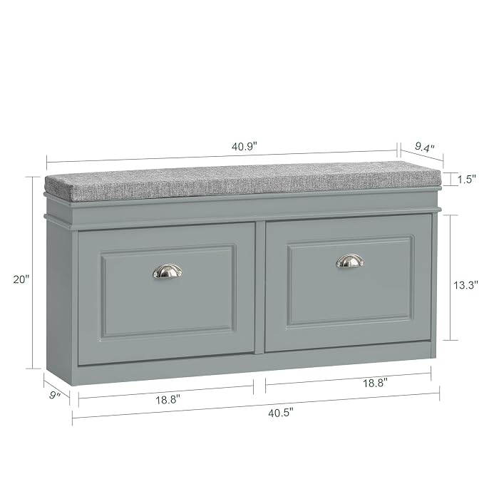 SoBuy Grey Storage Shoe Bench with 2 Flip Drawers, Hidden Shoe Bench, Free Standing Shoe Rack, Shoe Cabinet, Hallway Storage Bench with Seat Cushion FSR64-HG