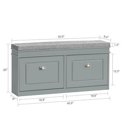 SoBuy Grey Storage Shoe Bench with 2 Flip Drawers, Hidden Shoe Bench, Free Standing Shoe Rack, Shoe Cabinet, Hallway Storage Bench with Seat Cushion FSR64-HG