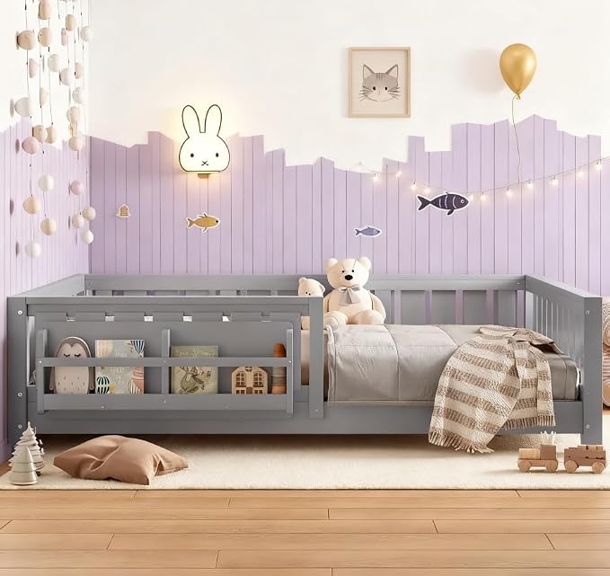 Bellemave Full Size Floor Bed with high Rails and with Built-in Bookshelf for Kids, Girls, Boys, Wood Montessori Floor Bed Without Door, Gray