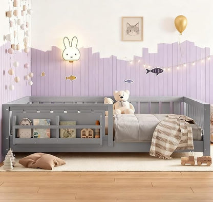 Bellemave Full Size Floor Bed with high Rails and with Built-in Bookshelf for Kids, Girls, Boys, Wood Montessori Floor Bed Without Door, Gray