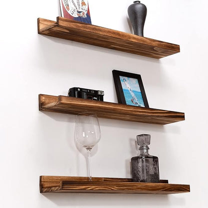 MBYD 24 Inch Picture Ledge Shelf Set of 3, Rustic Torched Wood Floating Shelves for Bedroom Living Room Kitchen Wall Decor, Carbonized Finish Display Nursery Bookshelf for Photos, Books, and Art