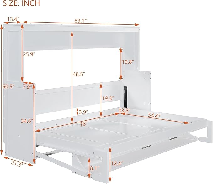 Virubi Full Horizontal Murphy Bed with Desk,Solid Wood Folding Hideaway Murphy Wall Bed for Adult,Guest Room (White,Full)