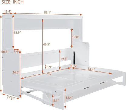 Virubi Full Horizontal Murphy Bed with Desk,Solid Wood Folding Hideaway Murphy Wall Bed for Adult,Guest Room (White,Full)