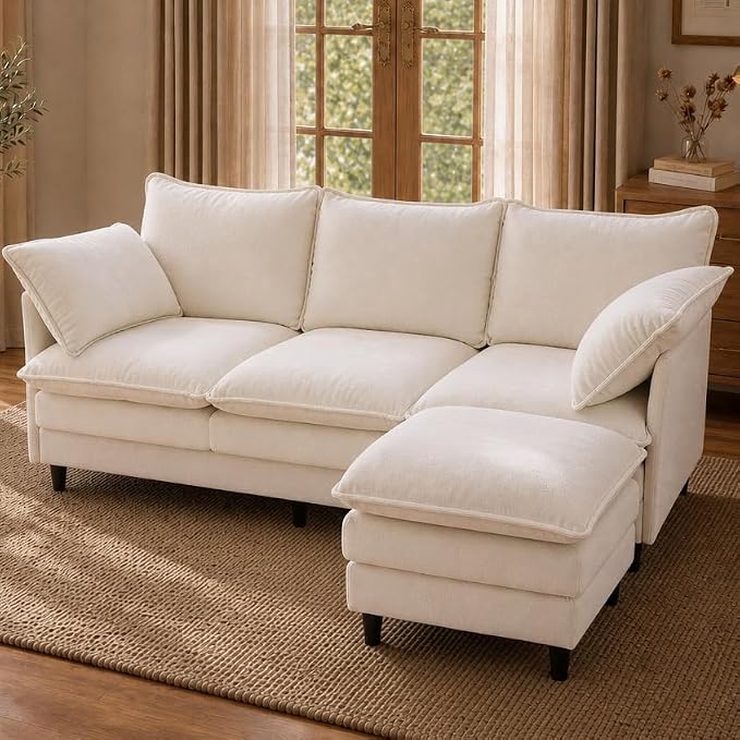 Convertible Sectional Sofa, 69" Small Cloud L-Shaped 3-Seat Couch with Movable Ottoman & Curved Armrest, Modern Chenille Fabric for Living Room, Apartment and Small Space, Beige
