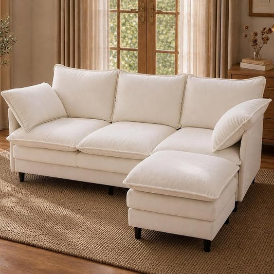 Convertible Sectional Sofa, 69" Small Cloud L-Shaped 3-Seat Couch with Movable Ottoman & Curved Armrest, Modern Chenille Fabric for Living Room, Apartment and Small Space, Beige