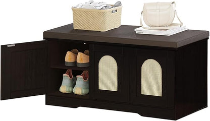 DINZI LVJ Shoe Bench, Entryway Storage Bench with Doors, Cushion, 2-Tier Shoe Rack with 6-Cubby, 39.4”L x 13.8”W Shoe Organizer Cabinet, Adjustable Shelf, Living Room, Bedroom, Espresso with Rattan