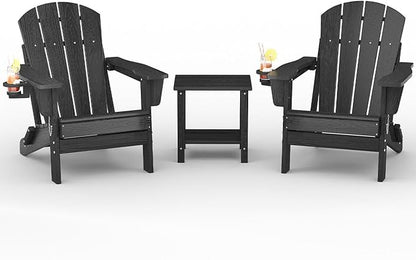 Garvee Folding Adirondack Chair Set of 2 with Side Table, HDPE Outdoor Patio Chair with Cup Holder, All Weather Resistent Wooden Textured for patios, Decks, Gardens, fire Pit, Black