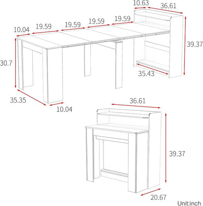 Expandable Foldable Dining Table with Storage, 30”-88.4”L Space-Saving Wood Table for 1–10 People, Modern Rectangular Kitchen Dining Room Furniture, Grey